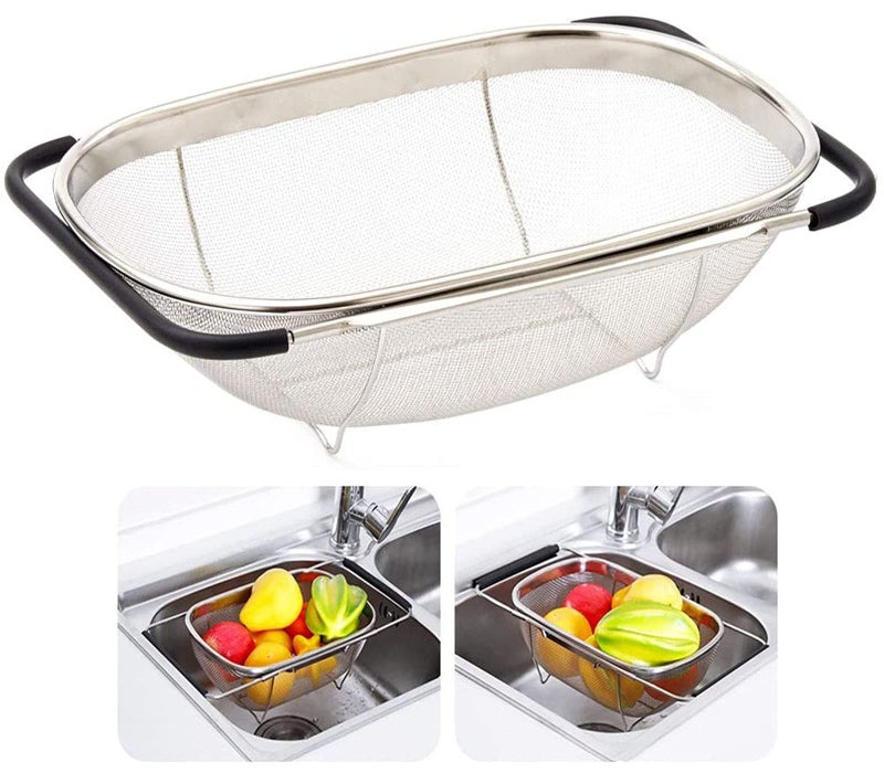 NObranded Over The Sink Stainless Steel Oval Colander with Expandable Rubber Grip Handles Strainers, Fine Mesh Strainer Basket Kitchen 6 Quarts Colander for Strain, Drain, Rinse Fruits, Vegetables - Image 1